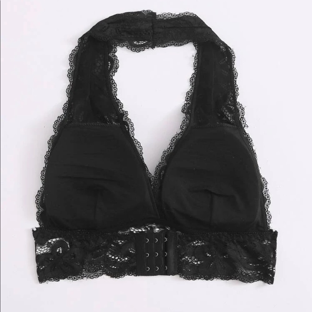 BLACK FLORAL LACE HALTER BRALETTE - Picture 2 of 7